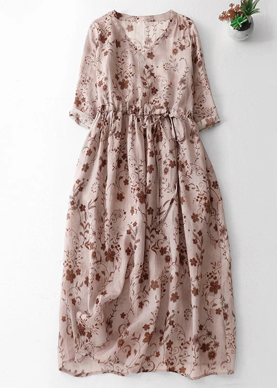 Pink Print Boho Cotton Long Dress V Neck Drawstring Summer AM1068 Casual Short Summer