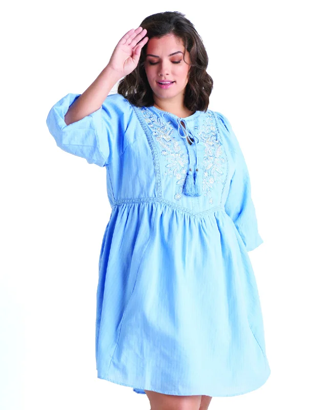 Saira Embroidered Mini Dress | Light Blue Elegant Satin Lace Mini Dress