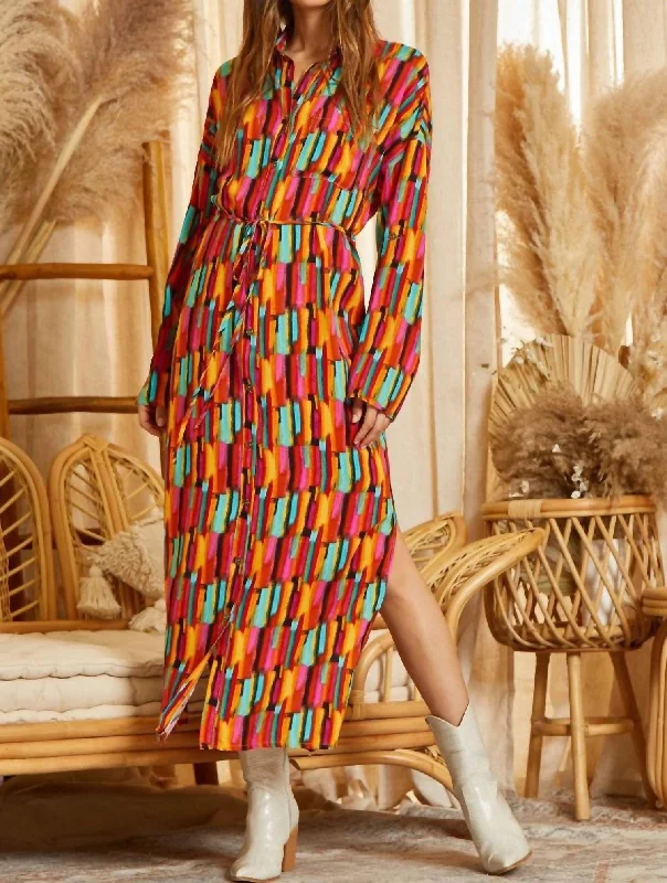 Button Down Fun Print Maxi Shirt Dress In Multi Color Tunics Versatile all-occasion