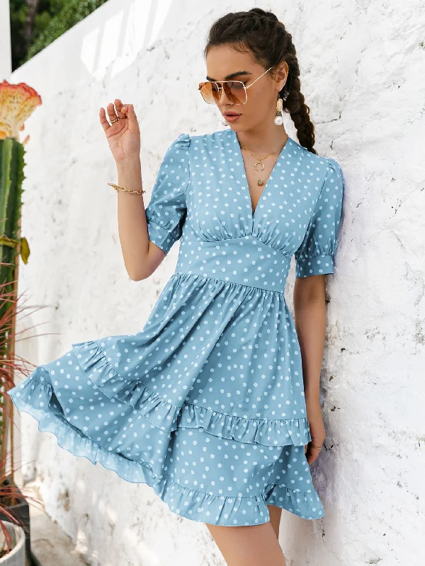 Polka Dot Layered Ruffle Hem Mini Dress Fashionable Boho-Chic Mini Dress