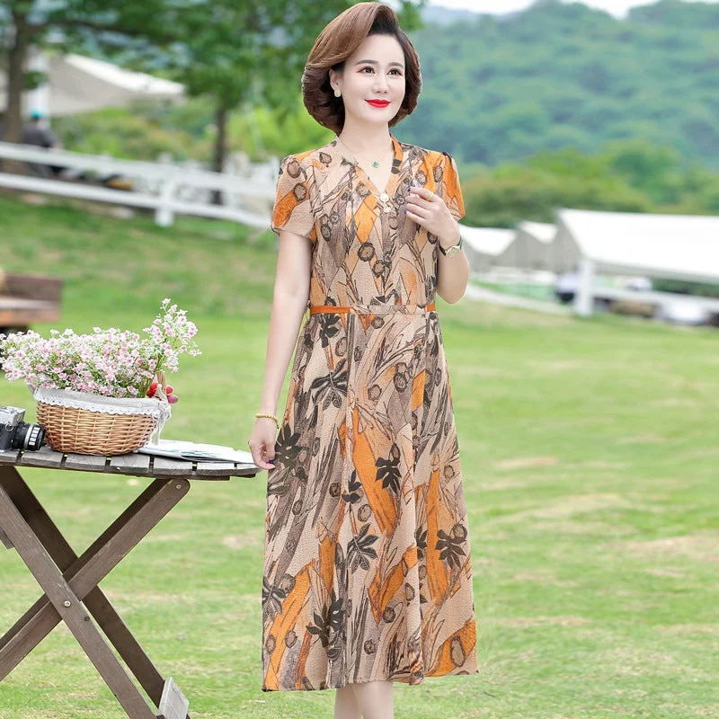 IKEARLAX Floral Dress Female New Middle-Aged Mother Wear Covering Belly Thin Temperament plus Size Printing Long Dress Summer Tunics Floral girly IKEARLAX Floral Dress Female New Middle-Aged Mother Wear Covering Belly Thin Temperament plus Size Printing Long Dress Summer Tunics Floral girly