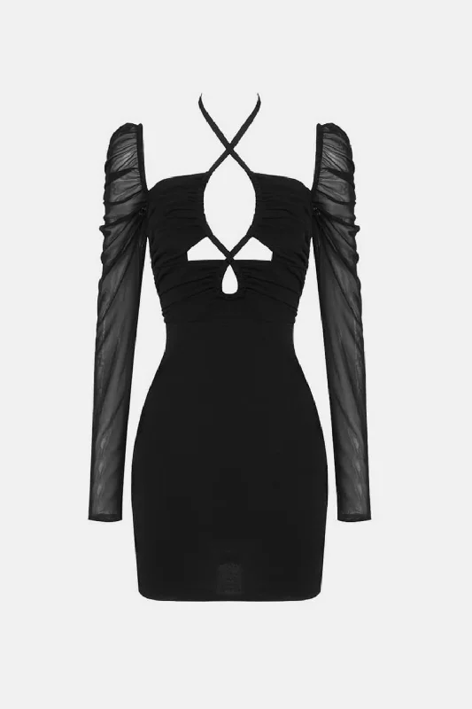 Crisscross Spliced Mesh Cutout Mini Dress Comfortable Boho Mini Dress
