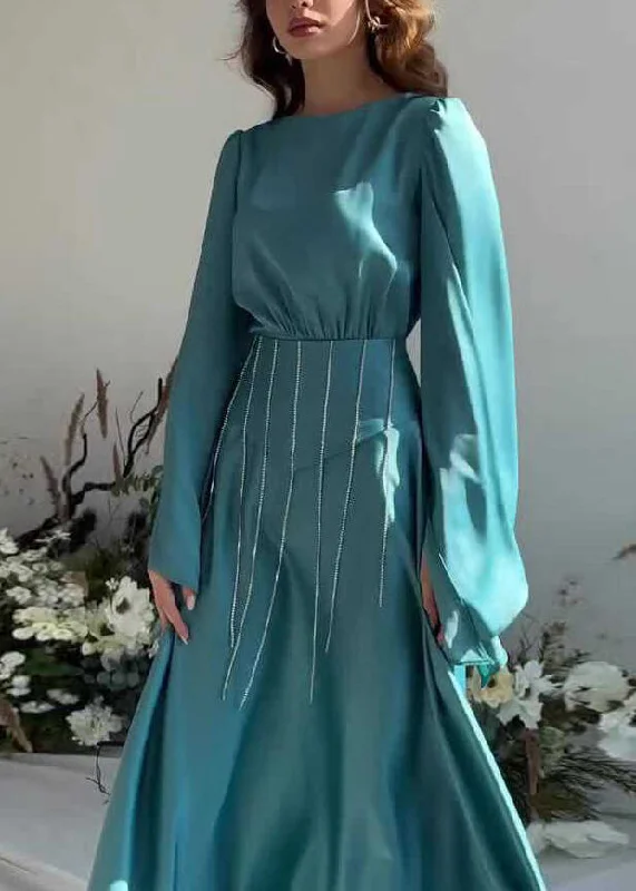 French Lake Blue Tassel Lace Up Silk Long Dress Fall QL021 Tunics Sophisticated sleek