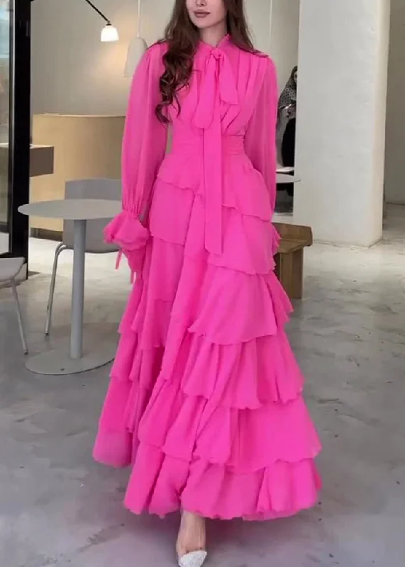 Fashion Rose Bow Ruffled Patchwork Chiffon Long Dress Fall WO059 Boat Neckline Classic