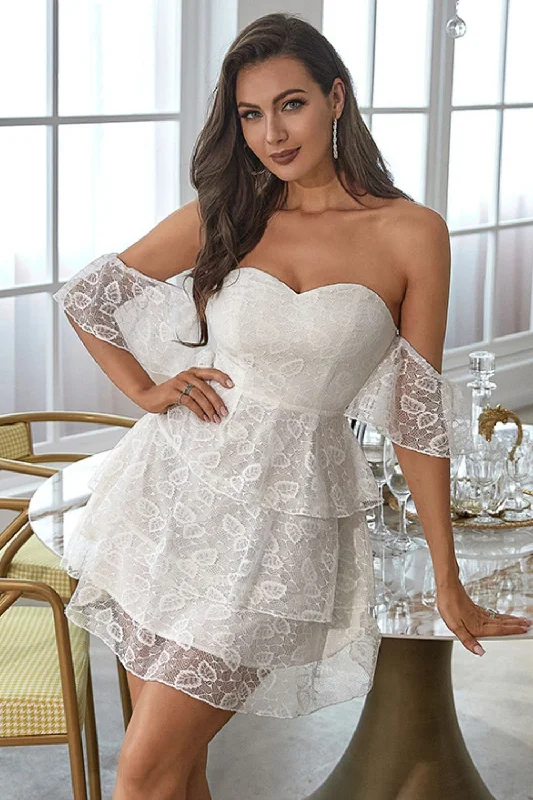Off-Shoulder Lace Layered Mini Dress Comfortable Zip-Up Mini Dress