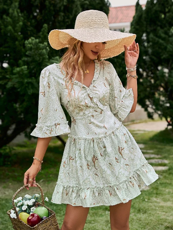 Printed Frill Trim Lace-Up Flare Sleeve Mini Dress Casual High-Waist Mini Dress