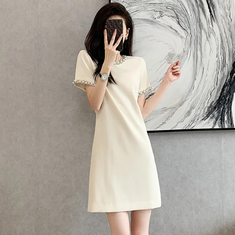 IKEARLAX D221077 Heavy Industry Beads Dress One Piece Dropshipping  Summer New High Waist Pure Color Mid-Length Skirt Tunics Practical easy-care