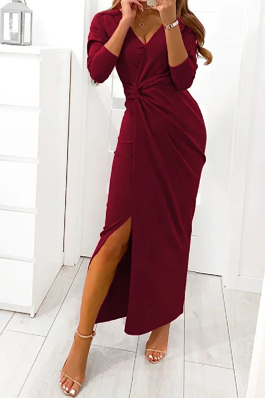 Elegant Solid Slit Fold V Neck Evening Dress Dresses(4 Colors) Tunics Vintage classic