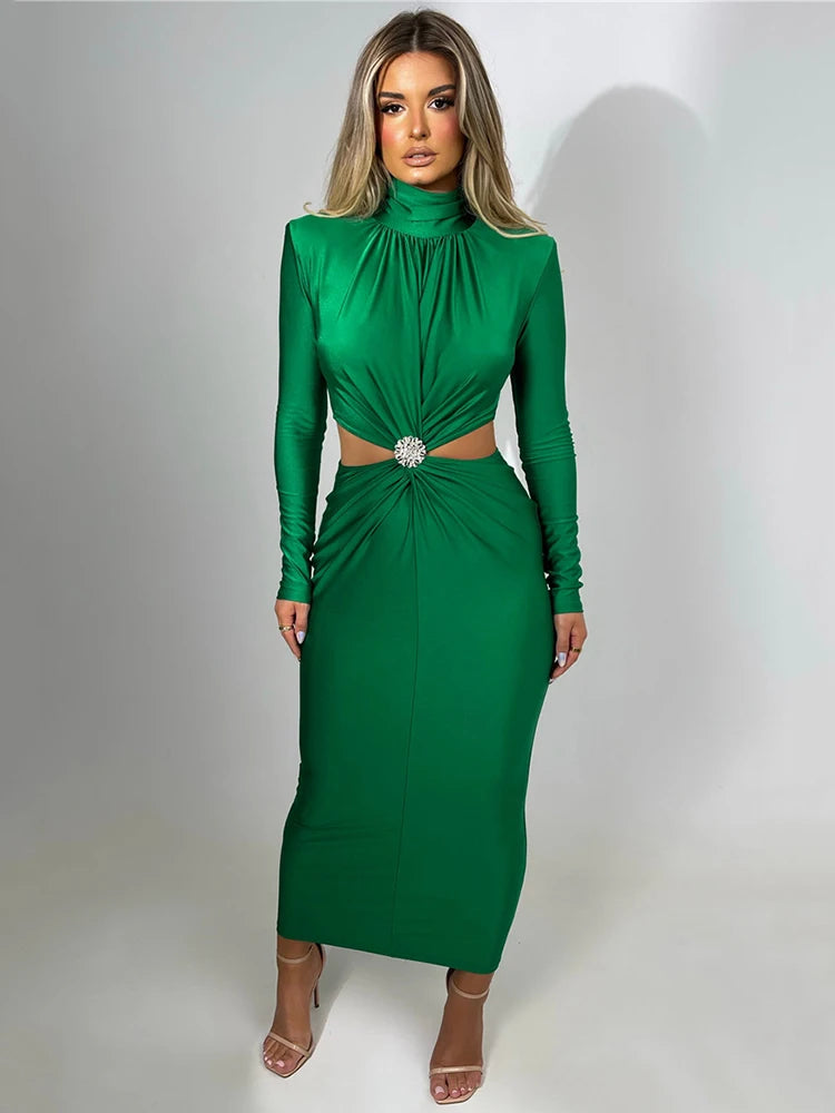 Zjkrl - Elegant Hollow Out Sexy Maxi Dress For Women Autumn Winter New Turtleneck Long Sleeve Bodycon Club Party Evening Dress Tunics Short Trendy