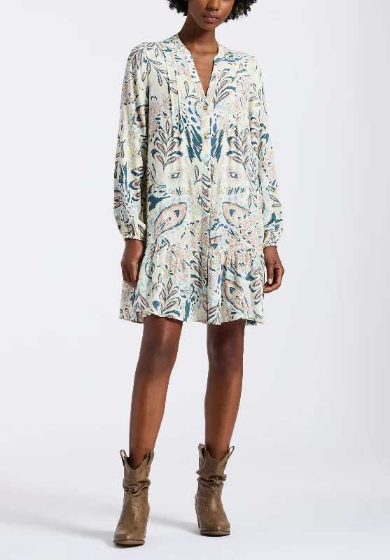 Darya Women's Boho-Print Long-Sleeve Mini Dress with Button Front and Tiered Hem, Paisley - WD0089P Casual Button-Up Mini Dress