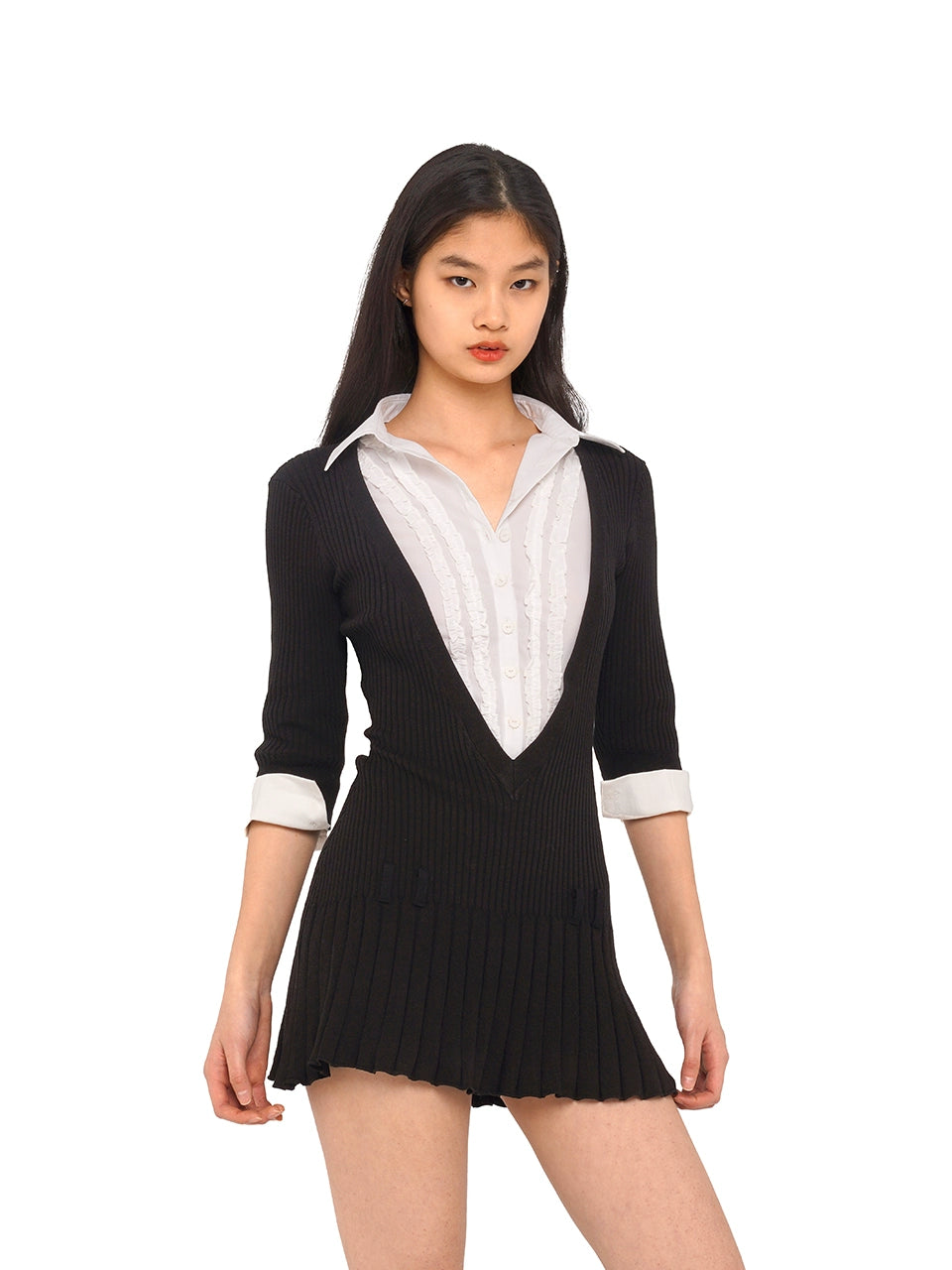 V-Neck Shirt Collar Pleated Mini Dress Trendy Floral Mini Dress