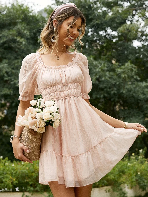 Ruched Frill Trim Smocked Waist Mini Dress Elegant Satin Mini Dress