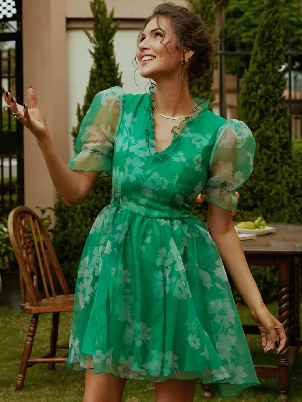 Frill Trim Mesh Flounce Sleeve V-Neck Mini Dress Fashionable Summer Mini Dress