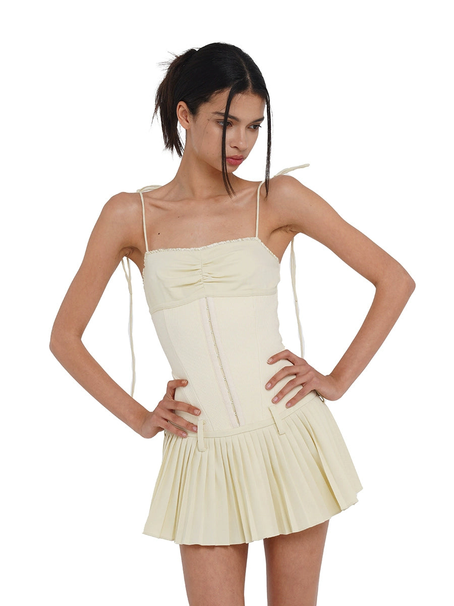 Black & Beige Drop-waist Pleated Mini Dress Comfortable Fit-and-Flare Mini Dress