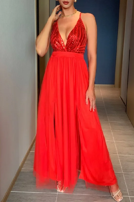 Zjkrl - Red Sexy Formal Solid Sequins Patchwork Backless Slit Spaghetti Strap Evening Dress Dresses Tunics Practical easy-care