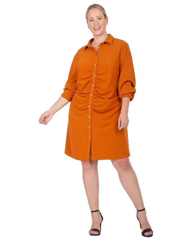 Ryley Ruched Button Front Mini Dress | Henna Brown Fashionable Mini Dress with Slits