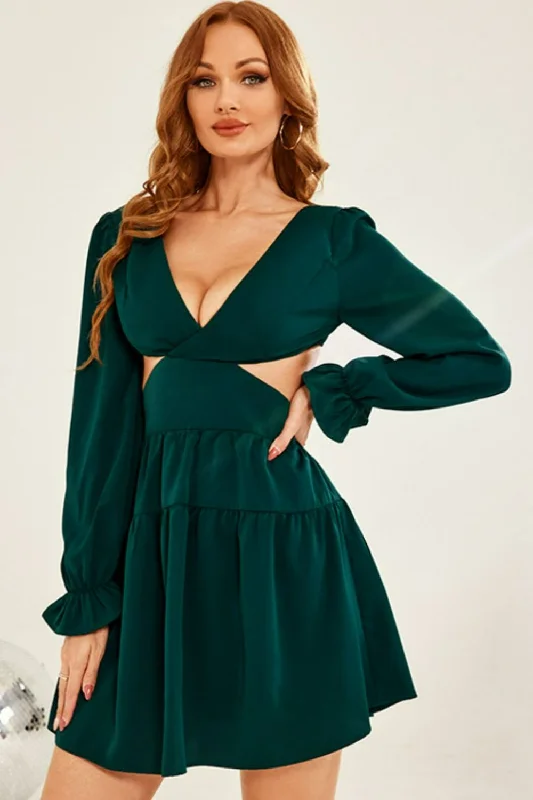 Cutout Tie-Back Plunge Tiered Mini Dress Casual V-Neck Mini Dress
