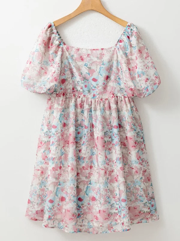 Pink and Blue Floral Mini Dress Stylish Ruffle Mini Dress