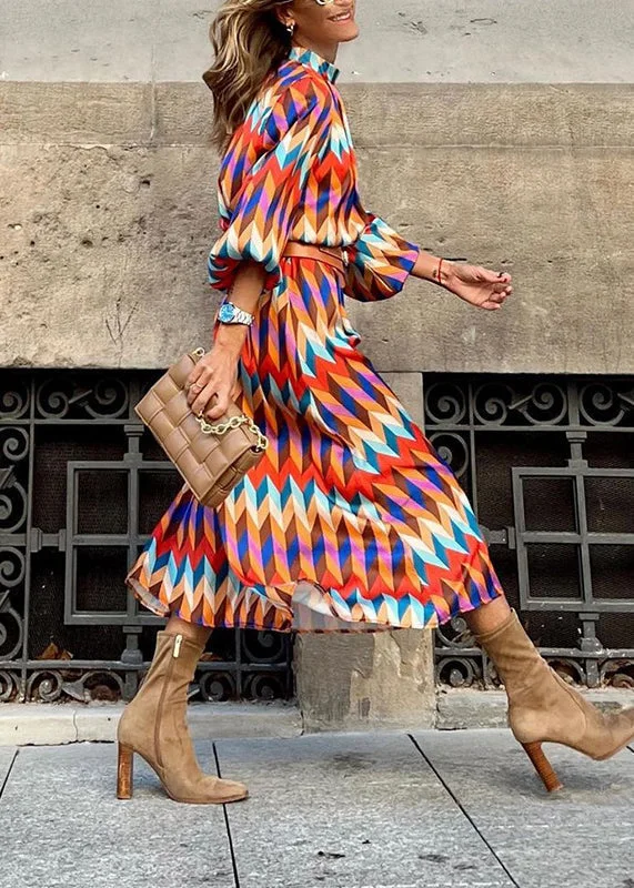 New Stand Collar Geometric Print Cotton Long Dresses Lantern Sleeve QR011 Tunics Party sparkling
