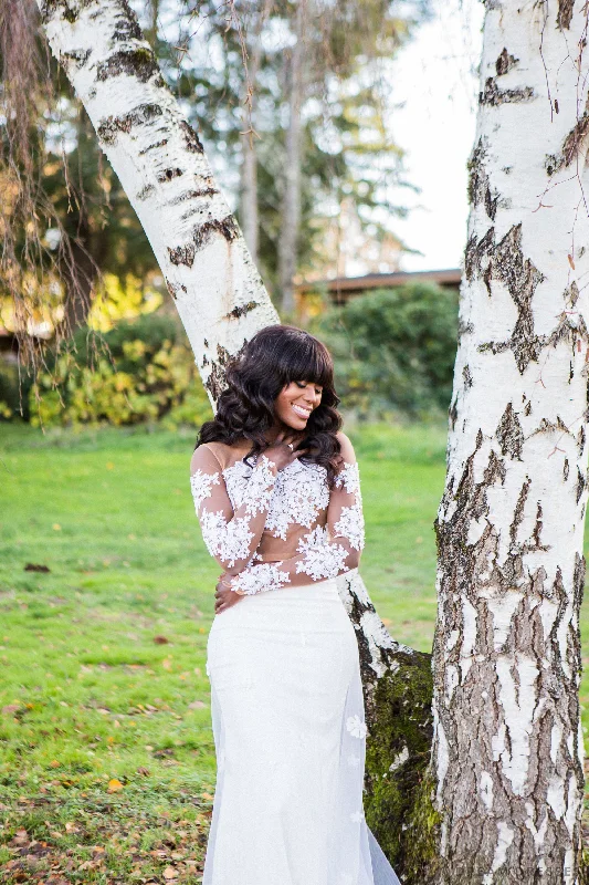 Nude Tulle Bridal Crop Top with White Lace (#MARENA) Front Pockets Side Pockets Patch Pockets