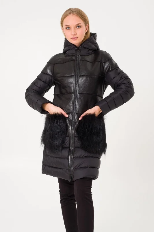 Black Long Puffer Coat Jersey Tulle Batik
