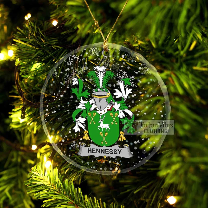 Hennessy Irish Clan Christmas Glass Ornament with Coat of Arms Wool Cashmere Tweed