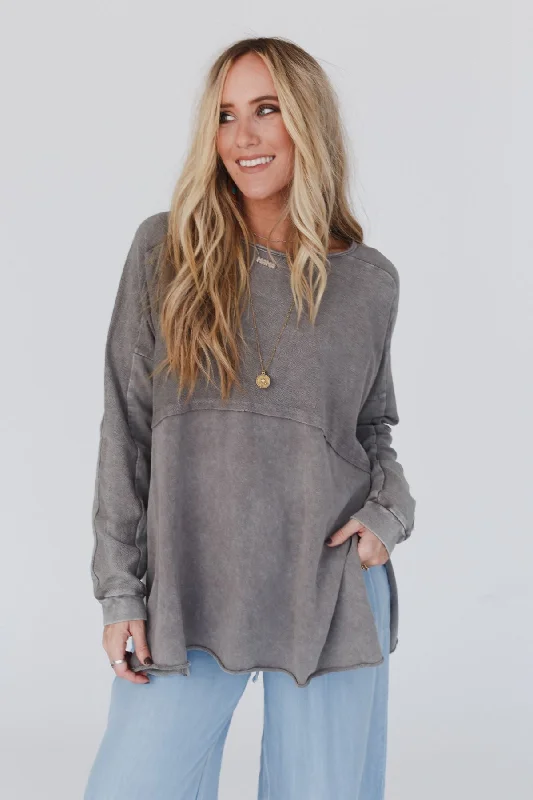 Time Off Terry Knit Pullover Top - Gray Soft Wool Sweater