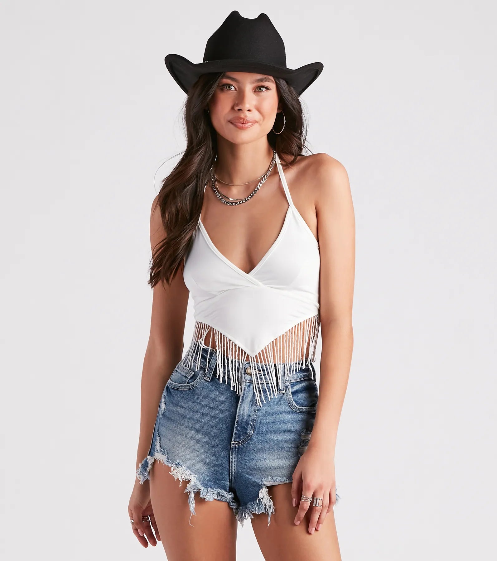 Modern Boho Halter Fringe Crop Top Collared Crew Neck Turtle Neck