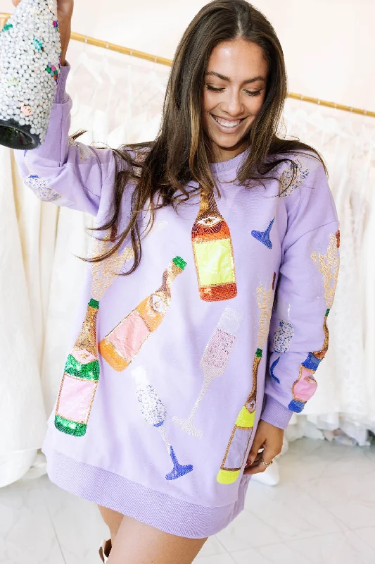Lavender Multi Champagne Sweatshirt Dress Hoodie with Ribbed Neckline Snug Warm