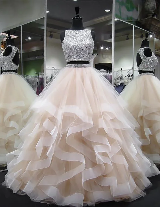 Crop Top Princess Ruffles Skirt Two Piece Prom Dress Long Ball Gown Fleece Nylon Spandex