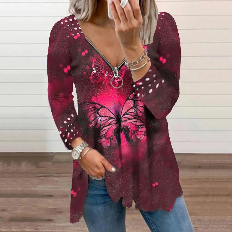Women's V-neck Zipper Pullover Top Pearl Print T-shirt Leg Sleeve Comfort