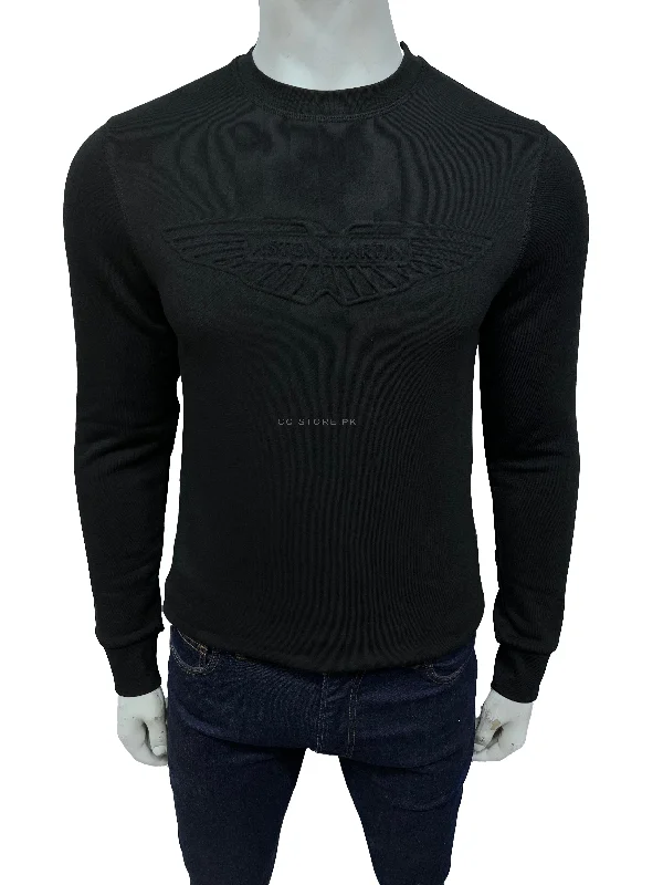 HKT Aston Martin Embossed Logo Black Sweatshirt Hoodie with Hem Frayed Vintage Worn