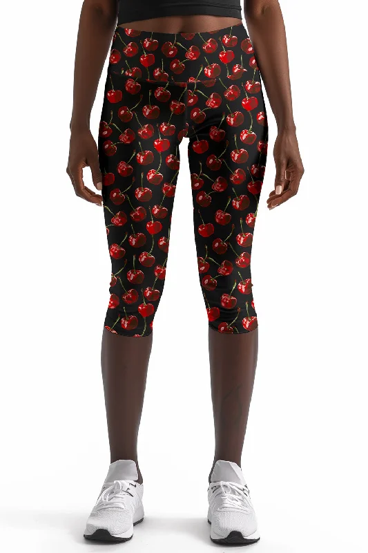 Cherries on Top Black Ellie Fruity Printed Yoga Capri Leggings - Women Trendy Seamless Sports Leggings Cherries on Top Black Ellie Fruity Printed Yoga Capri Leggings - Women Trendy Seamless Sports Leggings
