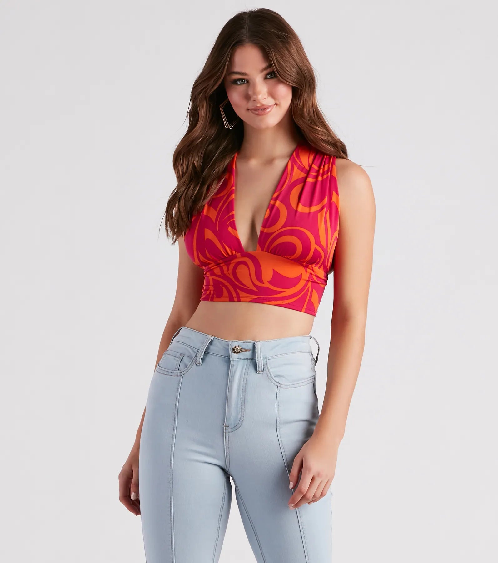 That 70s Chick Retro Print Crop Top Zippered Front Buttoned Front Snap Front