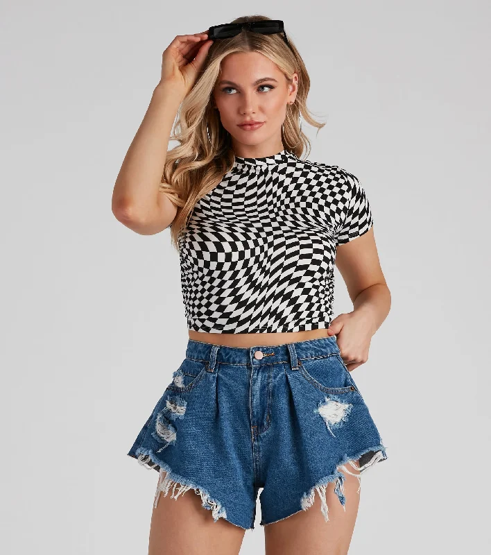 Optical Illusion Checkered Crop Top Ribbed Crop Top High Neck Heavyweight
