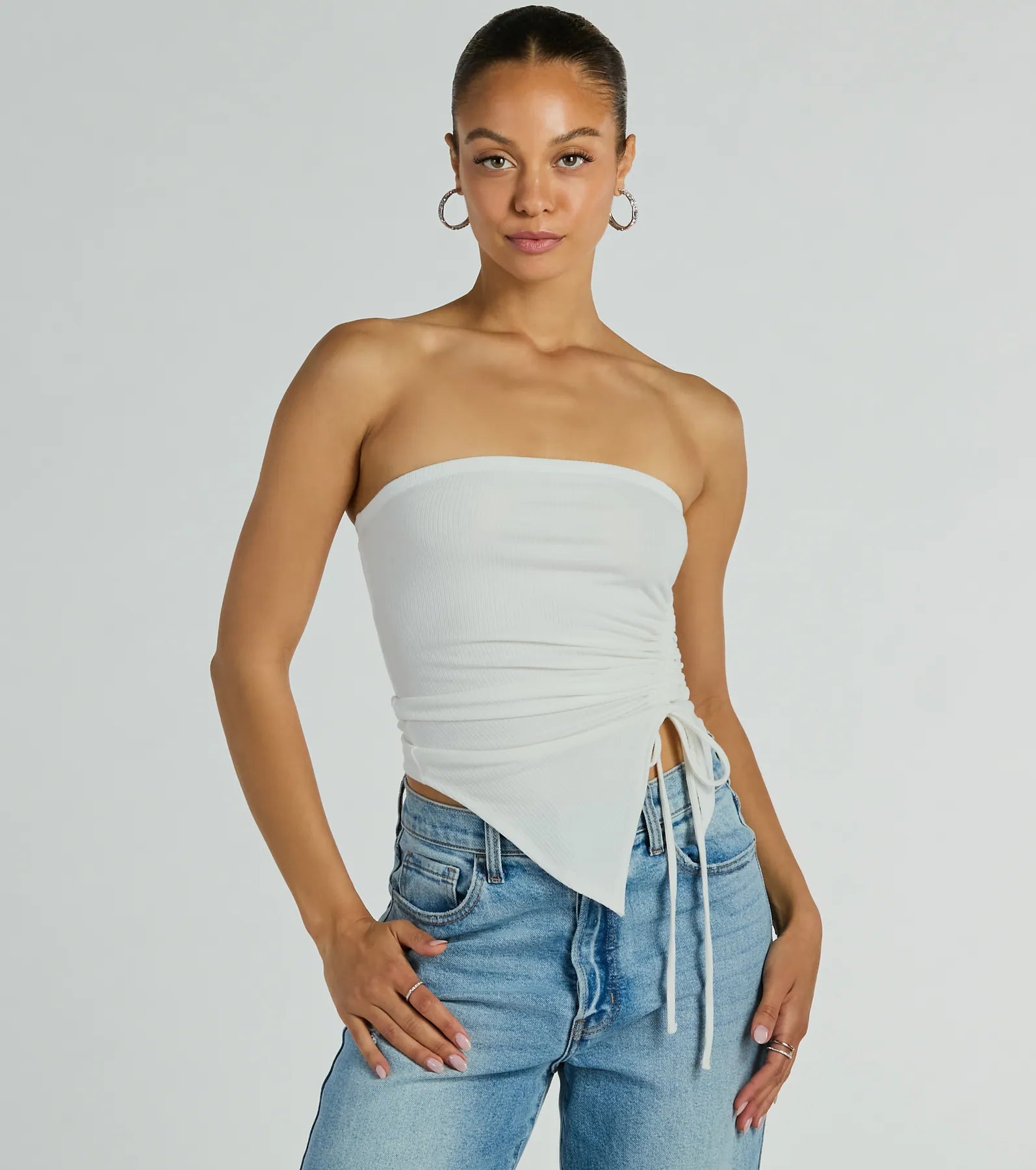 Easy Attention Strapless Slit Crop Top Embroidered Appliqued Beaded