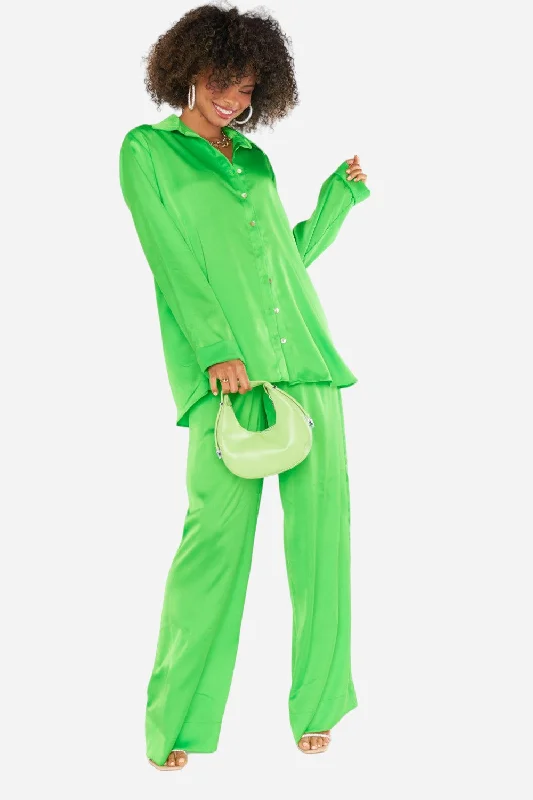 Show Me Your Mumu Hayes Trousers in Bright Green Luxe Satin Trousers Hiking Durable