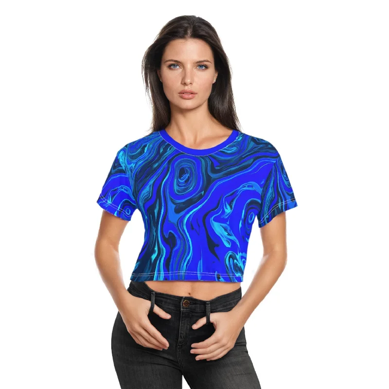 Blue Ice Crop Top Tee Print Jacquard Patchwork