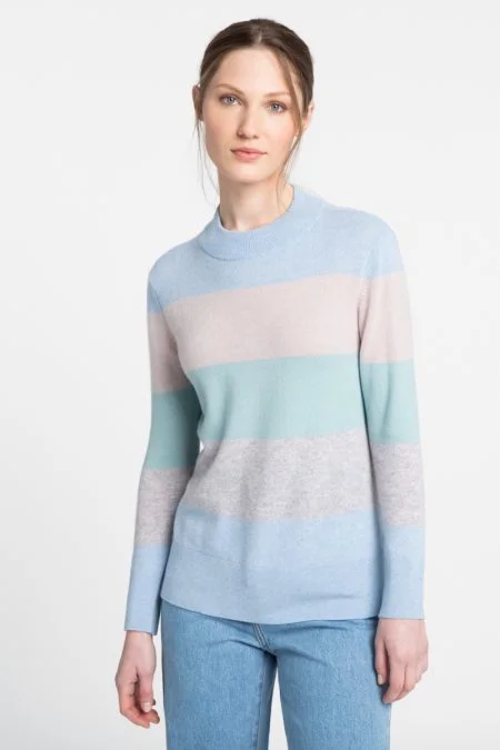 Kinross Cashmere Wide Stripe Crew Pullover Bateau Neck Pullover