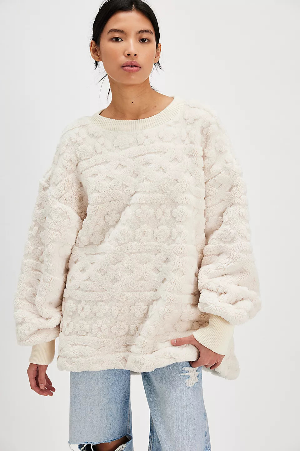 Free People Cable Knit Sweatshirt - IVORY COMBO Hoodie with Crew Neck Simple Timeless