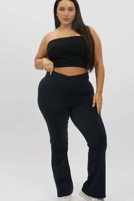 Black Flared Leggings High Rise Trendy Patterned Leggings