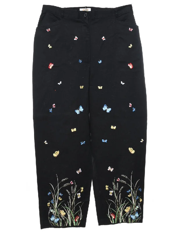 Black Embroidered Butterfly Design Tapered Trousers - W32 L28 Trousers Culottes Wide Leg