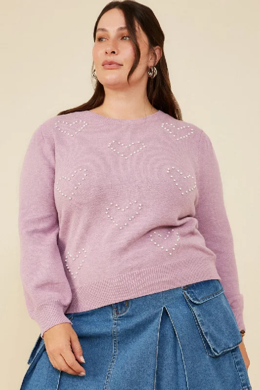 Womens Pearl Hearts Detail Pullover Sweater Long Sleeve Pullover