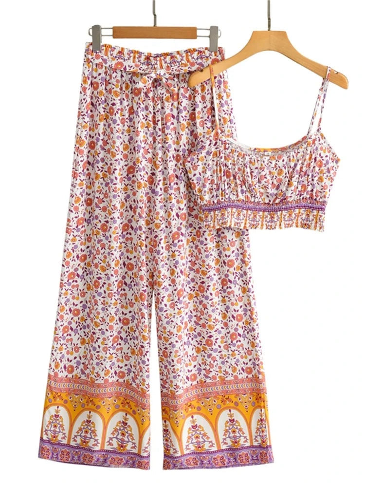 Maysoon's Boho Two Piece Set Wide Leg Pants & Crop Top Lace Blend Ribbed Blend Corduroy Blend