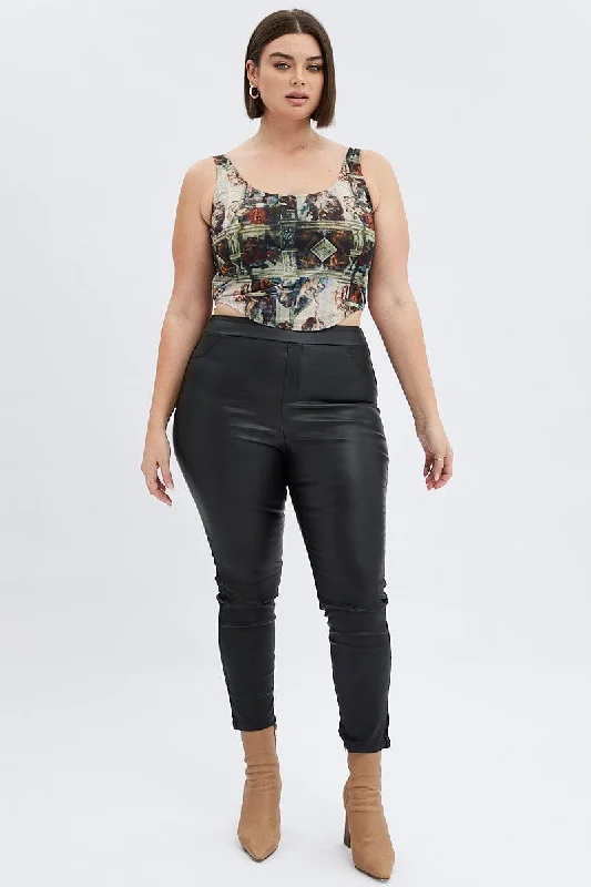 Black Leggings High Rise Wet Look Comfortable Fleece-Lined Leggings