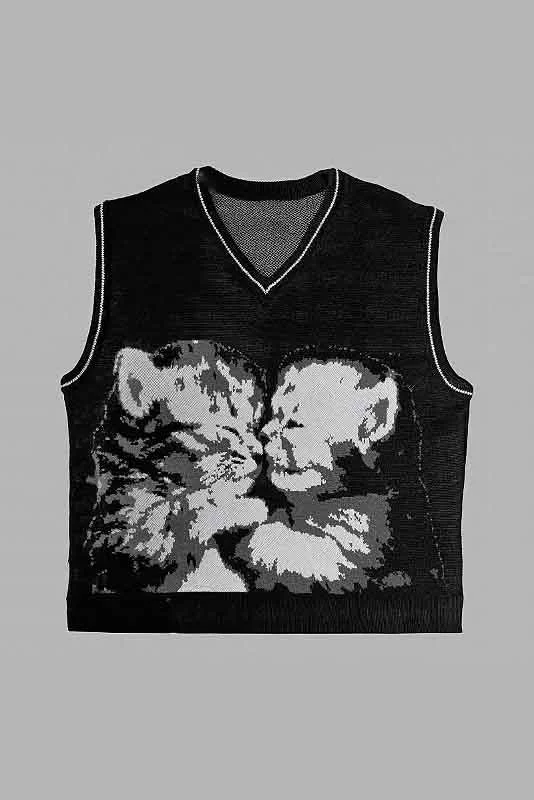 Women's Kawaii Cat Sweater Vest - Y2K Chic Knitted Pullover Bateau Neck Pullover