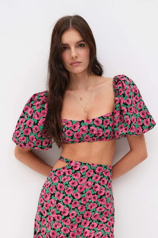 For Love & Lemons Dolcetto Crop Top - Red Notch Collar Peter Pan Collar Cowl Neck