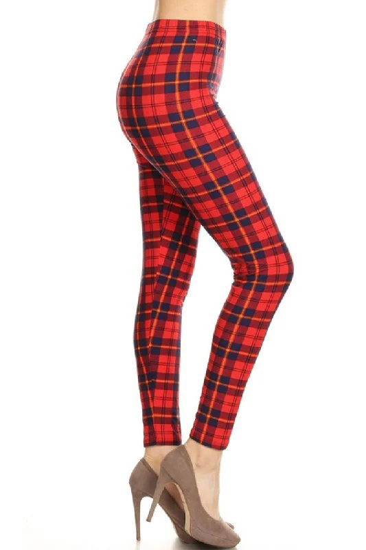 Navy Red Plaid Design Leggings Elegant Embellished Leggings