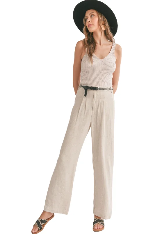 Sadie & Sage La Luna Pleated Trouser in Oatmeal Trousers Yoga Stretchy