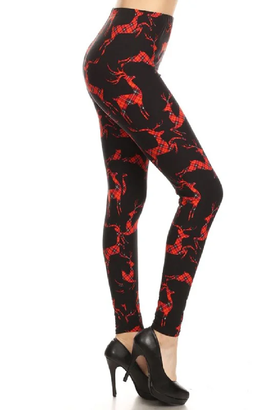 Plaid Reindeer Design Leggings Trendy Color Block Leggings